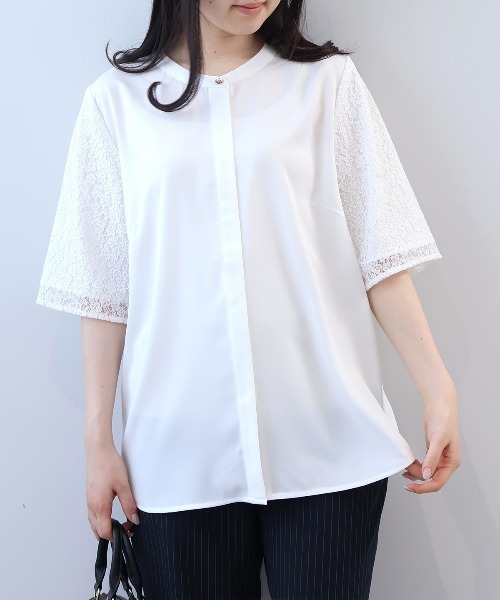 fleur by mint breeze(フルールバイミントブリーズ)の「【L~5L 大きいサイズ】レーススリーブバンドカラーブラウス(シャツ/ブラウス・レディース・ネイビー/ブルー/オフホワイト・LL/3L/4L/5L/L)」の7枚目の写真