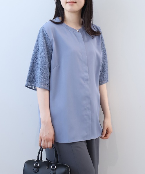 fleur by mint breeze(フルールバイミントブリーズ)の「【L~5L 大きいサイズ】レーススリーブバンドカラーブラウス(シャツ/ブラウス・レディース・ネイビー/ブルー/オフホワイト・LL/3L/4L/5L/L)」の11枚目の写真