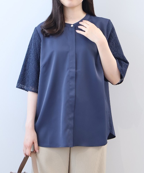 fleur by mint breeze(フルールバイミントブリーズ)の「【L~5L 大きいサイズ】レーススリーブバンドカラーブラウス(シャツ/ブラウス・レディース・ネイビー/ブルー/オフホワイト・LL/3L/4L/5L/L)」の14枚目の写真