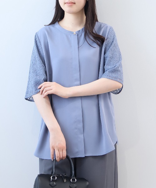 fleur by mint breeze(フルールバイミントブリーズ)の「【L~5L 大きいサイズ】レーススリーブバンドカラーブラウス(シャツ/ブラウス・レディース・ネイビー/ブルー/オフホワイト・LL/3L/4L/5L/L)」の4枚目の写真