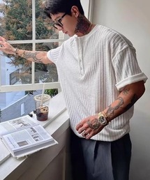 リブ素材 ヘンリーネックリブ半袖 T シャツ