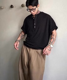 リブ素材　ヘンリーネックリブ半袖 T シャツ