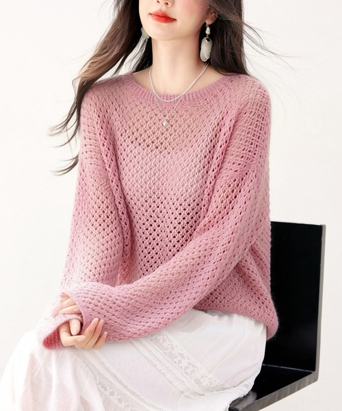 AMAJI(アマジ)の「メッシュ編み ニット 長袖 クルーネック トップス(Tシャツ/カットソー・レディース・イエロー/ライトピンク・X-LARGE/LARGE/MEDIUM/SMALL)」の4枚目の写真