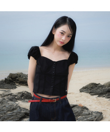 Lace Shirring Crop Blouse [Black]
