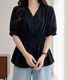シャーリングペプラムブラウス