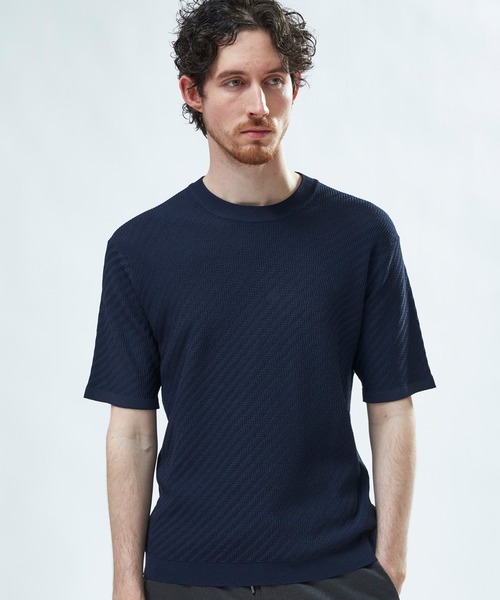 MEN'S BIGI(メンズビギ)の「ハイゲージジャカード 薄手モックネックサマーニット<持続冷感>(Tシャツ/カットソー・メンズ・オフホワイト/ピンク/ネイビー/ターコイズブルー・04/01/03/02)」の2枚目の写真