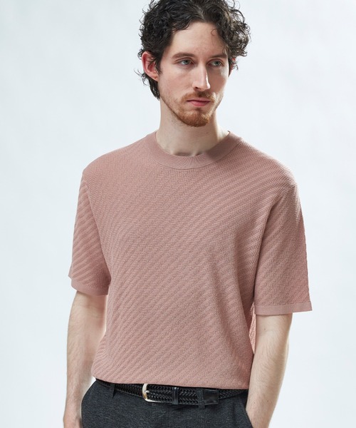MEN'S BIGI(メンズビギ)の「ハイゲージジャカード 薄手モックネックサマーニット<持続冷感>(Tシャツ/カットソー・メンズ・オフホワイト/ピンク/ネイビー/ターコイズブルー・04/01/03/02)」の4枚目の写真