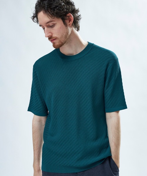 MEN'S BIGI(メンズビギ)の「ハイゲージジャカード 薄手モックネックサマーニット<持続冷感>(Tシャツ/カットソー・メンズ・オフホワイト/ピンク/ネイビー/ターコイズブルー・04/01/03/02)」の3枚目の写真
