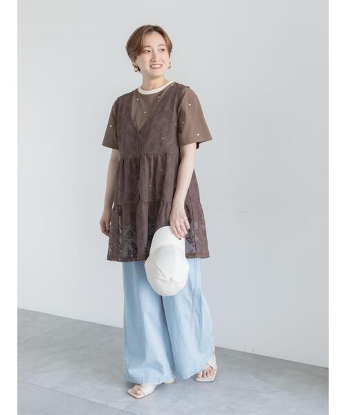 Te chichi（テチチ）の「前後2WAYレースレイヤードチュニックベスト（チュニック・レディース・ブラック/ブラウン/オフホワイト・F）」の4枚目の写真