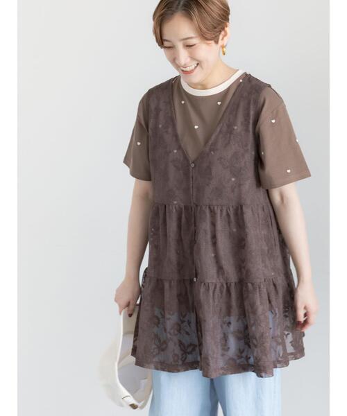 Te chichi（テチチ）の「前後2WAYレースレイヤードチュニックベスト（チュニック・レディース・ブラック/ブラウン/オフホワイト・F）」の6枚目の写真