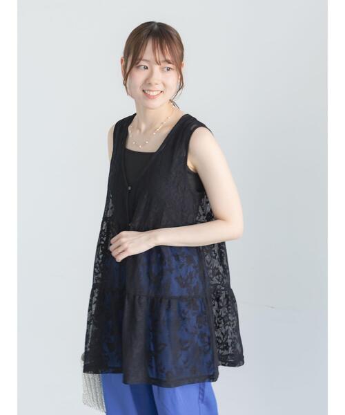 Te chichi（テチチ）の「前後2WAYレースレイヤードチュニックベスト（チュニック・レディース・ブラック/ブラウン/オフホワイト・F）」の9枚目の写真