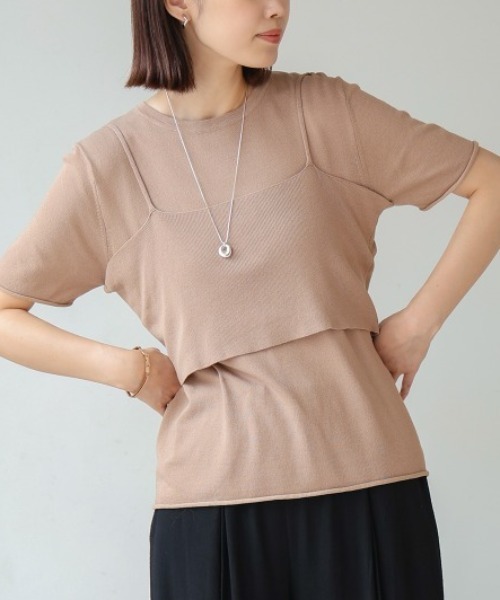 Bou Jeloud(ブージュルード)の「ニットTシャツ&キャミセット(Tシャツ/カットソー・レディース・ベージュ/グリーン/ブラウン・MEDIUM)」の1枚目の写真