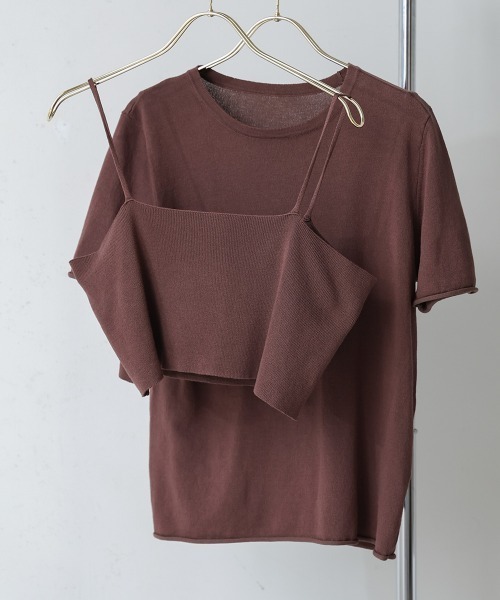 Bou Jeloud(ブージュルード)の「ニットTシャツ&キャミセット(Tシャツ/カットソー・レディース・ベージュ/グリーン/ブラウン・MEDIUM)」の2枚目の写真