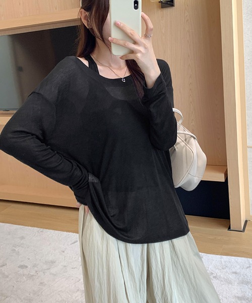 2ly2(トゥーリートゥー)の「ゆるっと着こなす大人カジュアル♪透け感トップス&タンクセット(Tシャツ/カットソー・レディース・ホワイト/ブラック/ベージュ・FREE)」の12枚目の写真