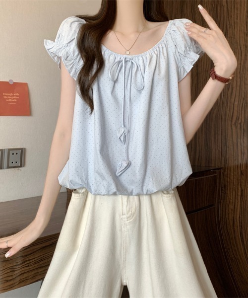 LUCPY（ラクピー）の「リボンネックギャザーフレンチブラウス（シャツ/ブラウス・レディース・ピンク/イエロー/ブルー/ホワイト・FREE）」の2枚目の写真