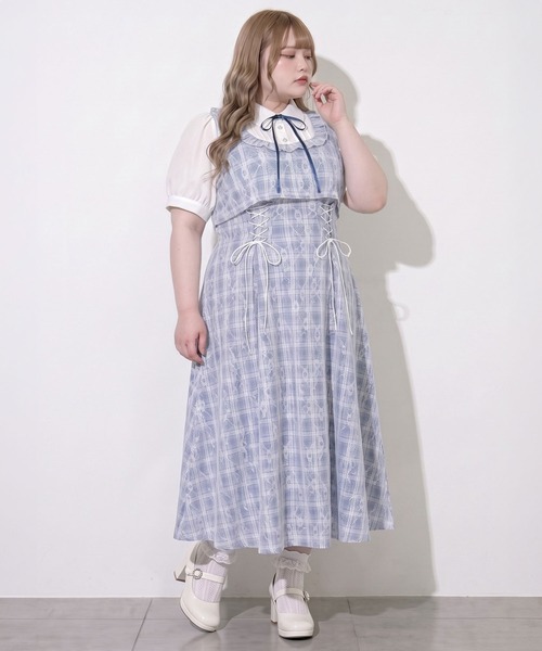 DearMyLoveWhip(ディアマイラブホイップ)の「ヨークフリルセットアップ風ドッキング半袖ワンピース【4Lー6L】(ワンピース・レディース・ブルーグレー/ブラック/ベビーピンク・4L/6L/5L)」の4枚目の写真