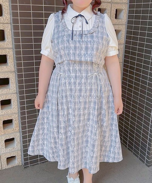 DearMyLoveWhip(ディアマイラブホイップ)の「ヨークフリルセットアップ風ドッキング半袖ワンピース【4Lー6L】(ワンピース・レディース・ブルーグレー/ブラック/ベビーピンク・4L/6L/5L)」の6枚目の写真