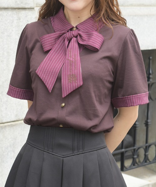 axes femme(アクシーズファム)の「レイヤード風リボン付トップス(Tシャツ/カットソー・レディース・ネイビー/ブラウン/ブラック・FREE)」の1枚目の写真
