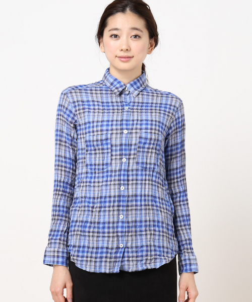 Spick & Span（スピックアンドスパン）の「ヘリンボンサッカーチェックシャツ◆（シャツ/ブラウス・レディース・オレンジ/ピンク/ブルー・FREE）」の4枚目の写真