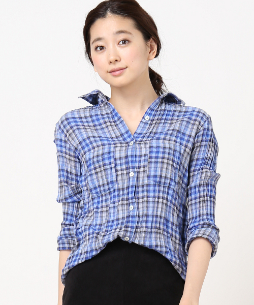 Spick & Span（スピックアンドスパン）の「ヘリンボンサッカーチェックシャツ◆（シャツ/ブラウス・レディース・オレンジ/ピンク/ブルー・FREE）」の13枚目の写真