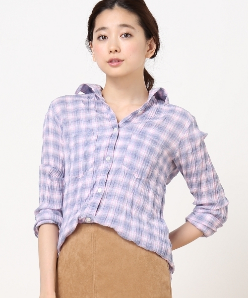 Spick & Span（スピックアンドスパン）の「ヘリンボンサッカーチェックシャツ◆（シャツ/ブラウス・レディース・オレンジ/ピンク/ブルー・FREE）」の14枚目の写真