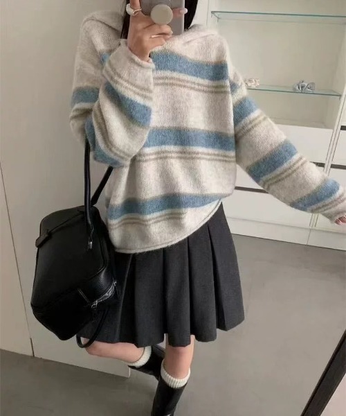 SHEPP（シープ）の「【26年秋冬新作】マルチボーダー フード付き ルーズシルエットニット（ニット/セーター・レディース・ホワイト/グレー/ネイビー/ブラウン・F）」の5枚目の写真