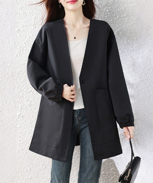 ReRe(リリ)の「Vネックノーカラーロングコート レディース(ノーカラーコート・レディース・ブラック・LARGE/X-LARGE)」の2枚目の写真