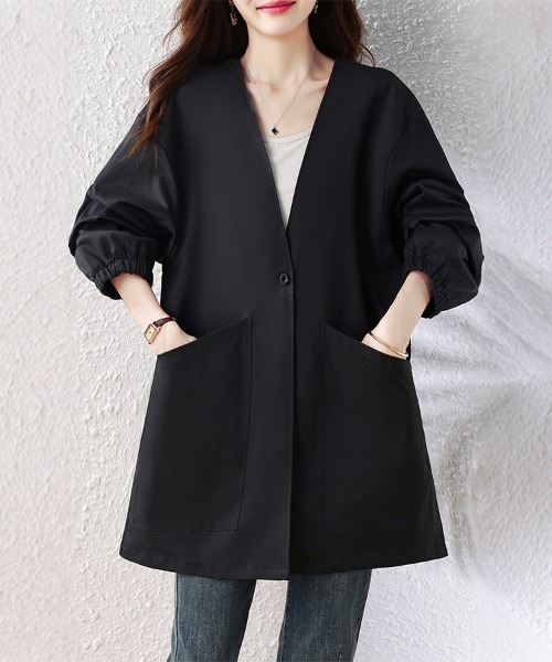 ReRe(リリ)の「Vネックノーカラーロングコート レディース(ノーカラーコート・レディース・ブラック・LARGE/X-LARGE)」の3枚目の写真