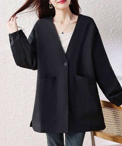 ReRe(リリ)の「Vネックノーカラーロングコート レディース(ノーカラーコート・レディース・ブラック・LARGE/X-LARGE)」の4枚目の写真