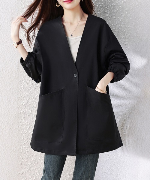 ReRe(リリ)の「Vネックノーカラーロングコート レディース(ノーカラーコート・レディース・ブラック・LARGE/X-LARGE)」の5枚目の写真