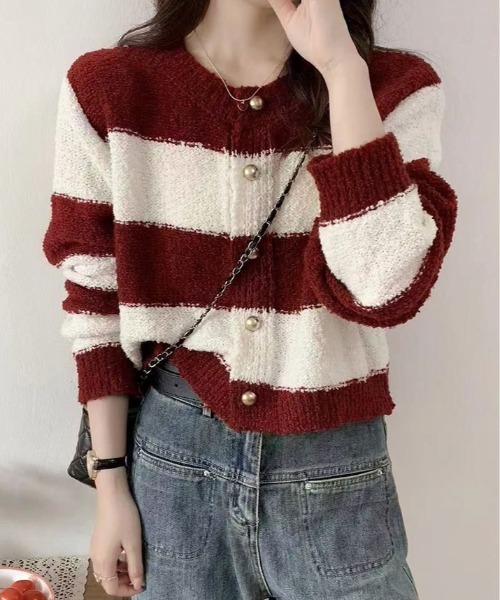 kirakiraShop(キラキラショップ)の「ボーダー柄 ニット カーディガン(カーディガン/ボレロ・レディース・ベージュ/グレー/レッド/ブラック・FREE)」の4枚目の写真