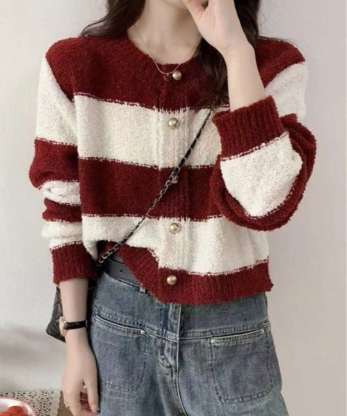 kirakiraShop(キラキラショップ)の「ボーダー柄 ニット カーディガン(カーディガン/ボレロ・レディース・ベージュ/グレー/レッド/ブラック・FREE)」の10枚目の写真