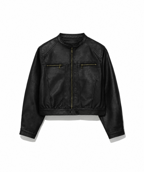 Cropped Faux Leather Rider Jacket (BLACK)（ライダースジャケット