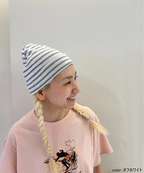 OLD BETTY'S(オールドベティーズ)の「Border Pattern Watch Cap/ボーダー パターン ワッチ キャップ(ニットキャップ/ビーニー・レディース・ブラック/オフホワイト/サックスブルー/イエロー/杢グレー・FREE)」の2枚目の写真