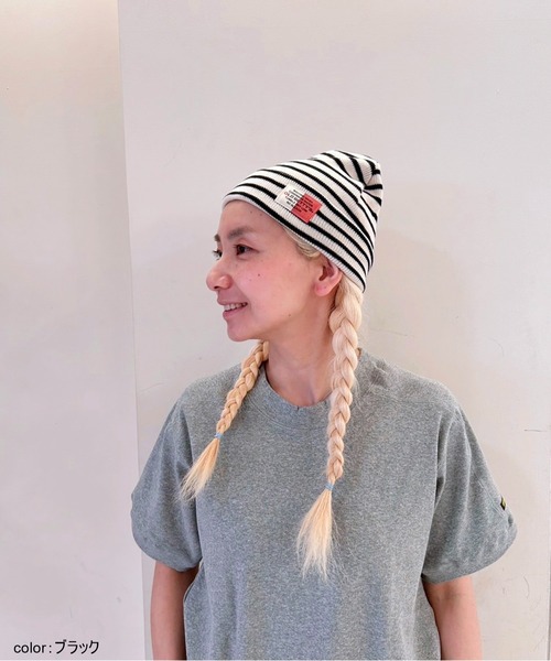 OLD BETTY'S(オールドベティーズ)の「Border Pattern Watch Cap/ボーダー パターン ワッチ キャップ(ニットキャップ/ビーニー・レディース・ブラック/オフホワイト/サックスブルー/イエロー/杢グレー・FREE)」の3枚目の写真