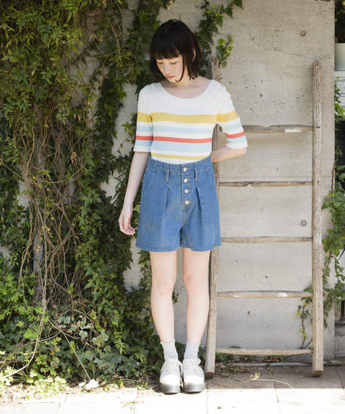 OLIVE des OLIVE（オリーブデオリーブ）の「《WEARISTA みくぴよ＊さん着用》ベイカーショートパンツ（デニムパンツ・レディース・ピンク/サックスブルー/ブルー系その他・FREE）」の12枚目の写真