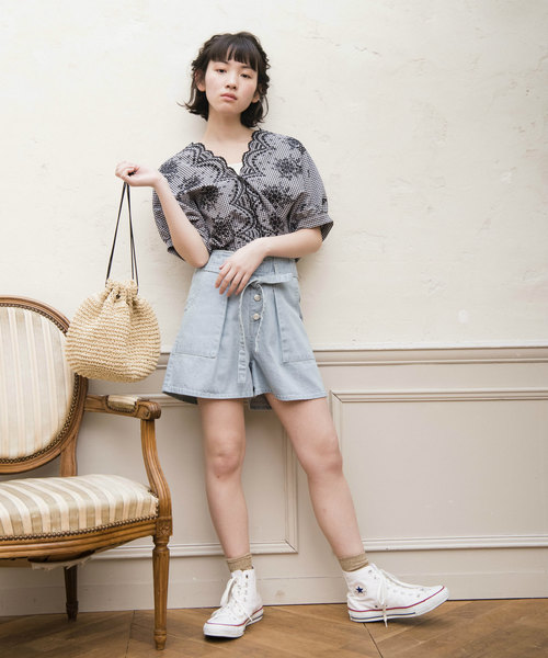 OLIVE des OLIVE（オリーブデオリーブ）の「《WEARISTA みくぴよ＊さん着用》ベイカーショートパンツ（デニムパンツ・レディース・ピンク/サックスブルー/ブルー系その他・FREE）」の14枚目の写真