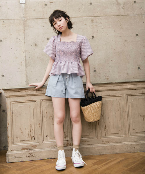 OLIVE des OLIVE（オリーブデオリーブ）の「《WEARISTA みくぴよ＊さん着用》ベイカーショートパンツ（デニムパンツ・レディース・ピンク/サックスブルー/ブルー系その他・FREE）」の15枚目の写真