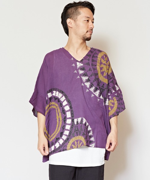 チャイハネ(チャイハネ)の「【チャイハネ】yul ノマデスMEN'Sビッグシルエットトップス インナータンクトップ付き(アンサンブル・メンズ・ホワイト/ブラック/パープル/オレンジ・FREE)」の3枚目の写真