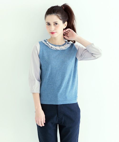 Another Edition（アナザーエディション）の「ニット×カットソー フラワー装飾プルオーバー/ AE KNIT×CUT FLW ソウショク◆（ニット/セーター・レディース・ダークブラウン/ライトブルー/ネイビー・フリー）」の2枚目の写真