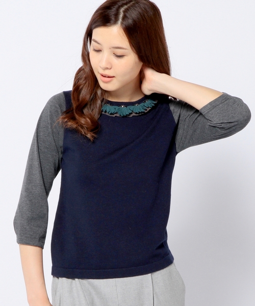 Another Edition（アナザーエディション）の「ニット×カットソー フラワー装飾プルオーバー/ AE KNIT×CUT FLW ソウショク◆（ニット/セーター・レディース・ダークブラウン/ライトブルー/ネイビー・フリー）」の3枚目の写真