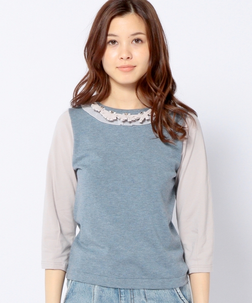 Another Edition（アナザーエディション）の「ニット×カットソー フラワー装飾プルオーバー/ AE KNIT×CUT FLW ソウショク◆（ニット/セーター・レディース・ダークブラウン/ライトブルー/ネイビー・フリー）」の4枚目の写真