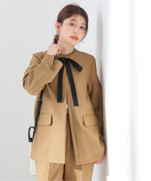 PEツィードノーカラージャケット【手洗い可能】◆