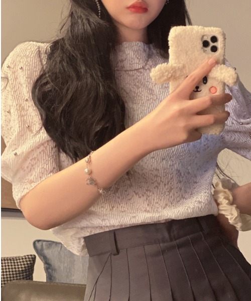 yuue' ( wear )(ユーイ)の「シースルーレースパフスリーブトップス(Tシャツ/カットソー・レディース・ホワイト/ライトブルー・FREE)」の4枚目の写真
