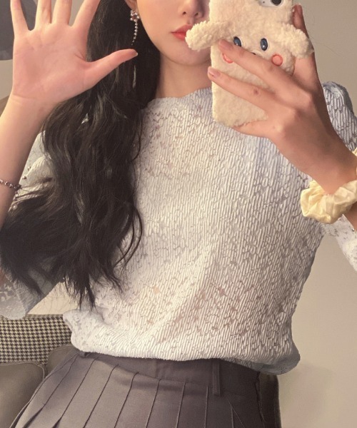 yuue' ( wear )(ユーイ)の「シースルーレースパフスリーブトップス(Tシャツ/カットソー・レディース・ホワイト/ライトブルー・FREE)」の11枚目の写真