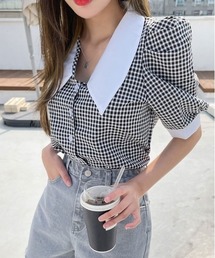 SONYUNARA 配色襟チェック柄パフブラウス