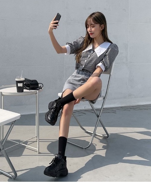 SONA(ソナ)の「SONYUNARA 配色襟チェック柄パフブラウス(シャツ/ブラウス・レディース・ブラック・FREE)」の10枚目の写真