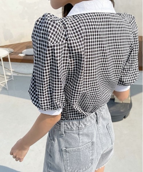 SONA(ソナ)の「SONYUNARA 配色襟チェック柄パフブラウス(シャツ/ブラウス・レディース・ブラック・FREE)」の9枚目の写真