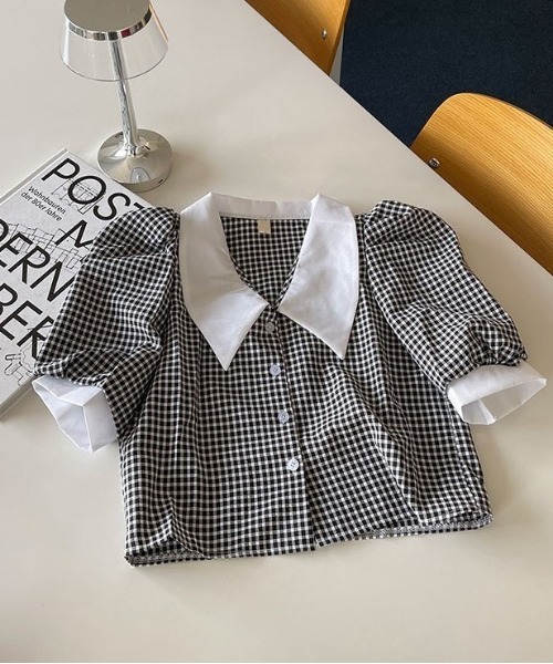 SONA(ソナ)の「SONYUNARA 配色襟チェック柄パフブラウス(シャツ/ブラウス・レディース・ブラック・FREE)」の5枚目の写真