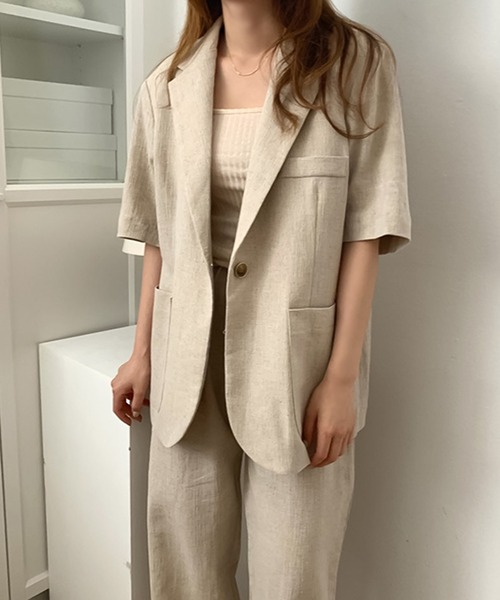 Doula Doula（ドゥーラドゥーラ）の「リネンライク半袖ジャケット＋ワイドパンツ　セットアップ（セットアップ・レディース・ブラック/ベージュ・FREE）」の15枚目の写真